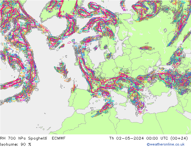 RH 700 hPa Spaghetti ECMWF Do 02.05.2024 00 UTC