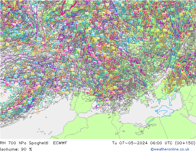 RH 700 hPa Spaghetti ECMWF Di 07.05.2024 06 UTC