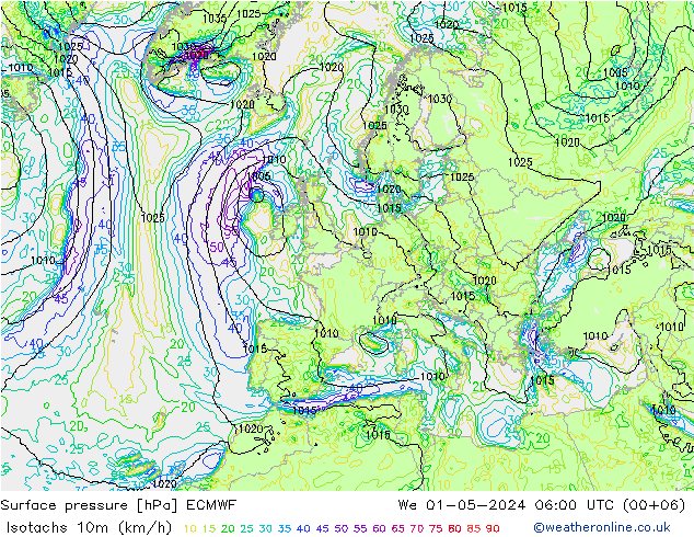 Isotachen (km/h) ECMWF wo 01.05.2024 06 UTC