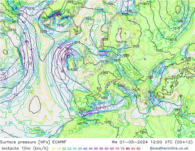 Isotaca (kph) ECMWF mié 01.05.2024 12 UTC