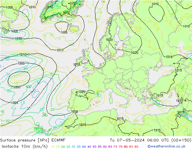 Isotachen (km/h) ECMWF Di 07.05.2024 06 UTC
