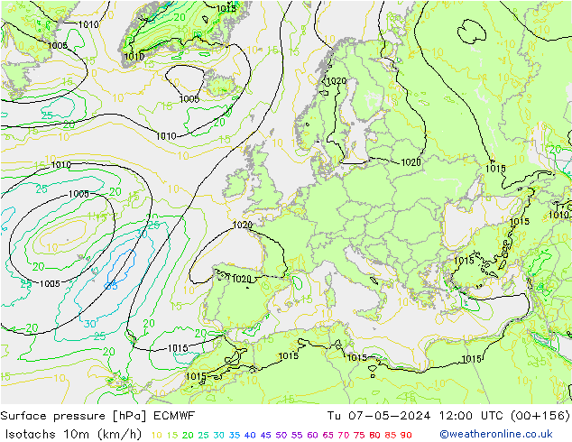 Isotachs (kph) ECMWF Tu 07.05.2024 12 UTC