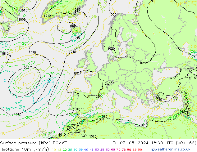 Eşrüzgar Hızları (km/sa) ECMWF Sa 07.05.2024 18 UTC