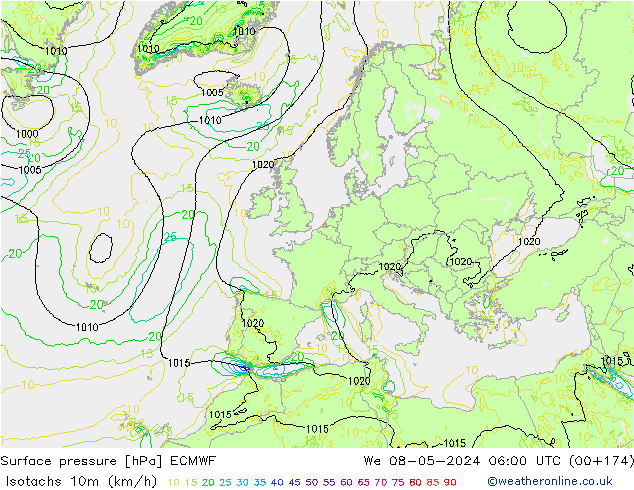 Isotachen (km/h) ECMWF Mi 08.05.2024 06 UTC