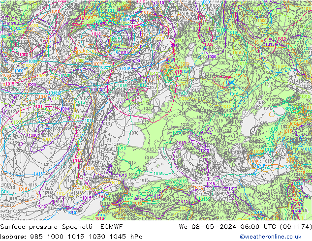 Surface pressure Spaghetti ECMWF We 08.05.2024 06 UTC