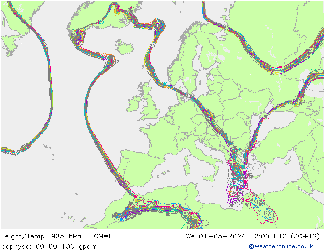 Height/Temp. 925 hPa ECMWF śro. 01.05.2024 12 UTC