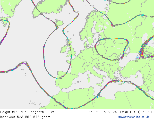 Height 500 hPa Spaghetti ECMWF Mi 01.05.2024 00 UTC