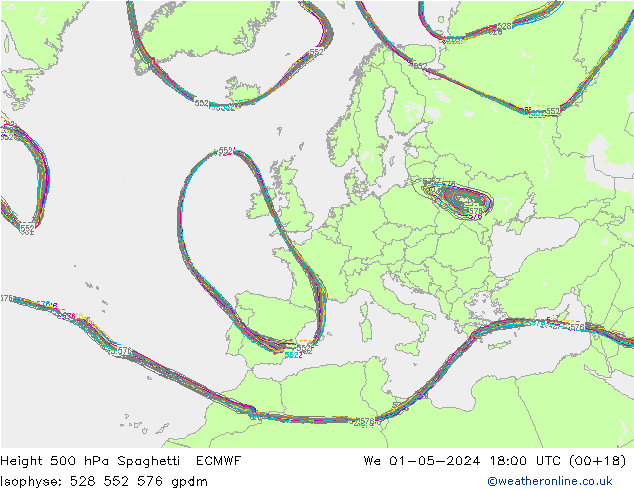 Height 500 hPa Spaghetti ECMWF We 01.05.2024 18 UTC