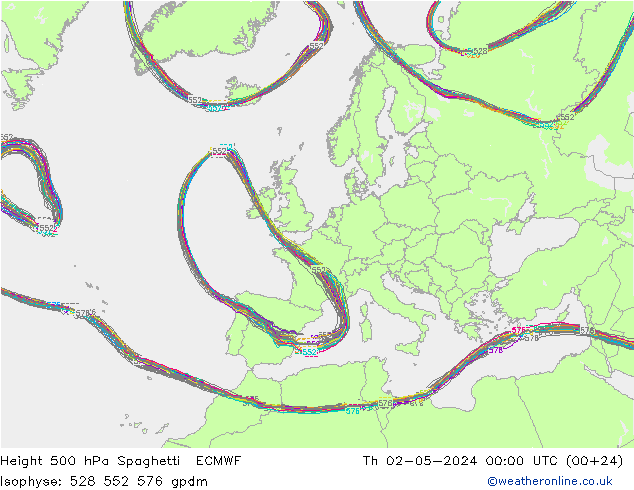 Height 500 hPa Spaghetti ECMWF Do 02.05.2024 00 UTC