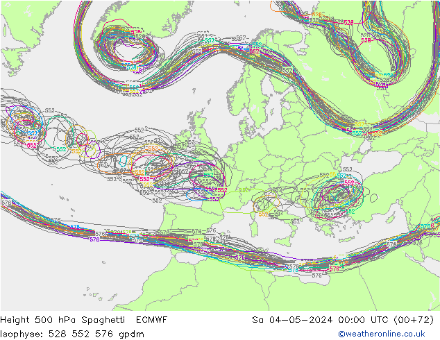 Height 500 hPa Spaghetti ECMWF Sa 04.05.2024 00 UTC