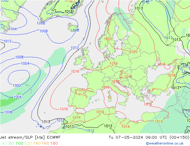 Polarjet/Bodendruck ECMWF Di 07.05.2024 06 UTC