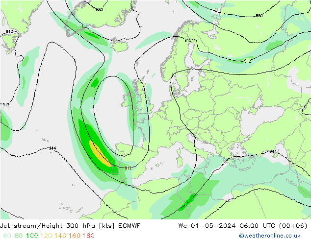 Jet stream/Height 300 hPa ECMWF We 01.05.2024 06 UTC