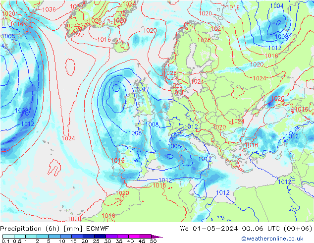 Precipitation (6h) ECMWF We 01.05.2024 06 UTC