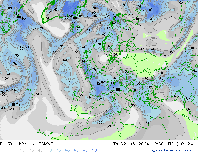 RH 700 hPa ECMWF Th 02.05.2024 00 UTC