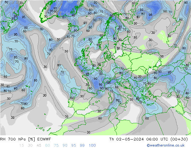 RH 700 hPa ECMWF Th 02.05.2024 06 UTC