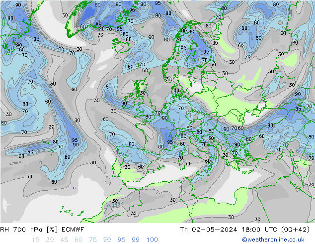 RH 700 hPa ECMWF gio 02.05.2024 18 UTC