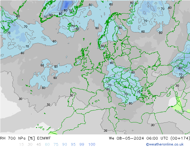 RH 700 hPa ECMWF Mi 08.05.2024 06 UTC