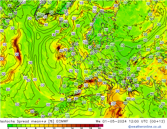 Eşrüzgar Hızları Spread ECMWF Çar 01.05.2024 12 UTC