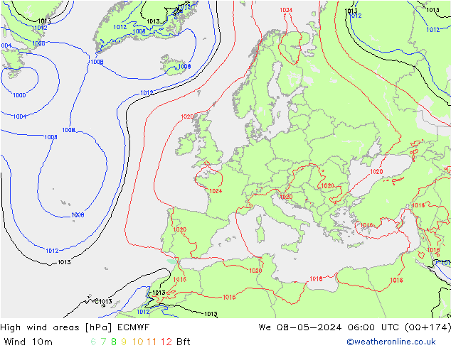High wind areas ECMWF We 08.05.2024 06 UTC