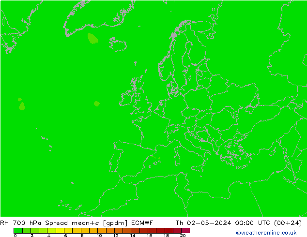 RH 700 hPa Spread ECMWF czw. 02.05.2024 00 UTC