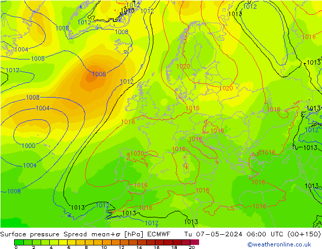 Surface pressure Spread ECMWF Tu 07.05.2024 06 UTC