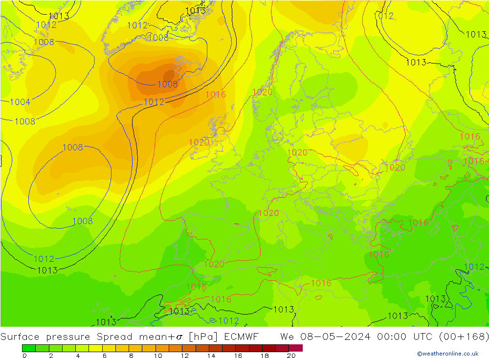 Surface pressure Spread ECMWF We 08.05.2024 00 UTC