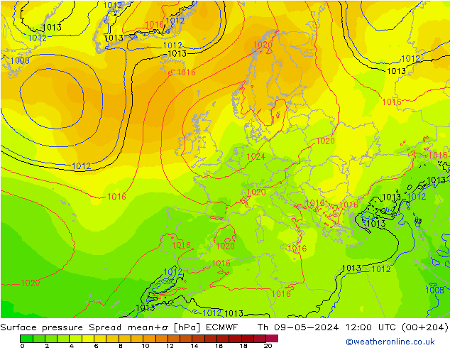 Surface pressure Spread ECMWF Th 09.05.2024 12 UTC