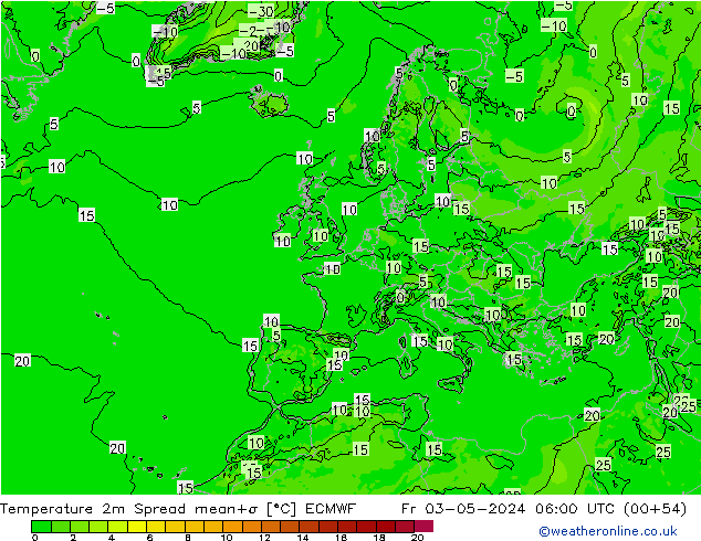 Temperaturkarte Spread ECMWF Fr 03.05.2024 06 UTC