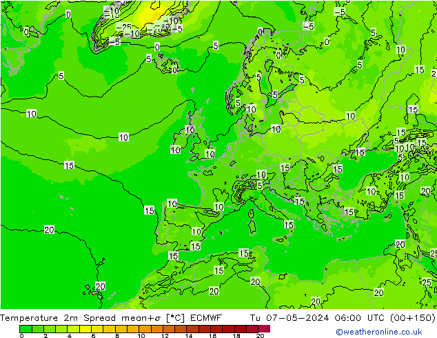 Temperature 2m Spread ECMWF Tu 07.05.2024 06 UTC