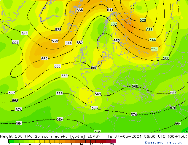 Hoogte 500 hPa Spread ECMWF di 07.05.2024 06 UTC