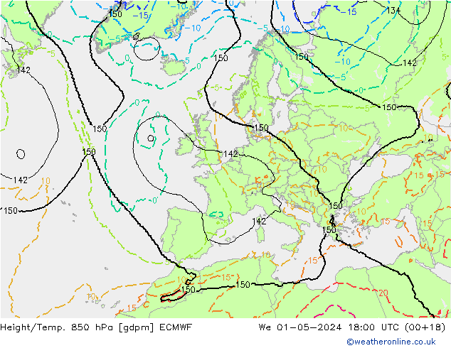 Geop./Temp. 850 hPa ECMWF mié 01.05.2024 18 UTC