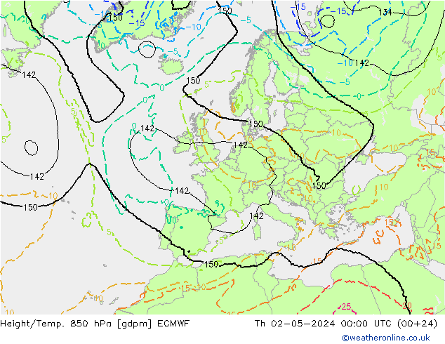 Geop./Temp. 850 hPa ECMWF jue 02.05.2024 00 UTC