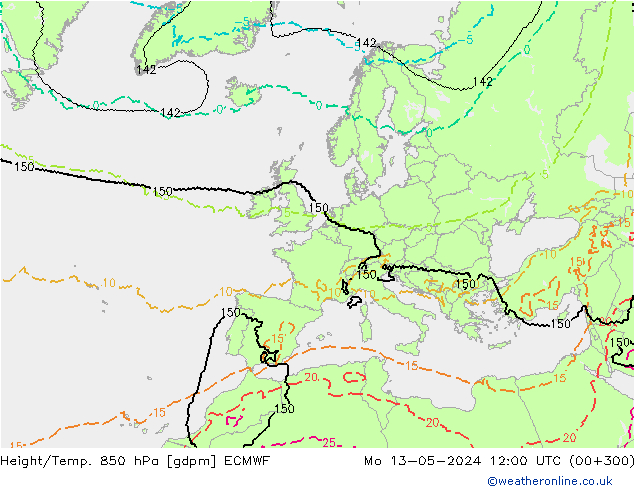 Height/Temp. 850 hPa ECMWF Mo 13.05.2024 12 UTC