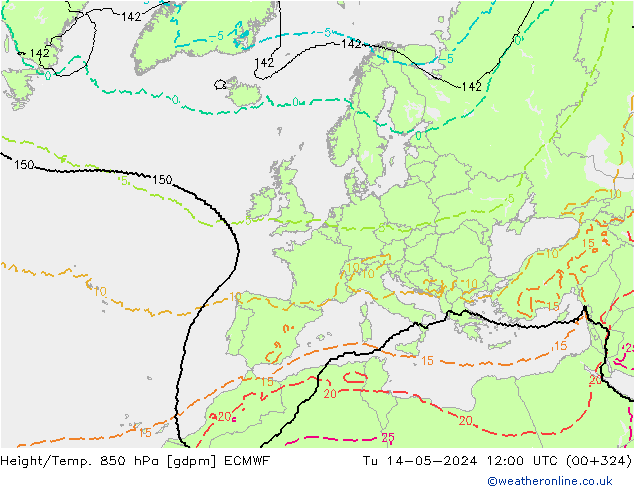 Height/Temp. 850 hPa ECMWF Tu 14.05.2024 12 UTC