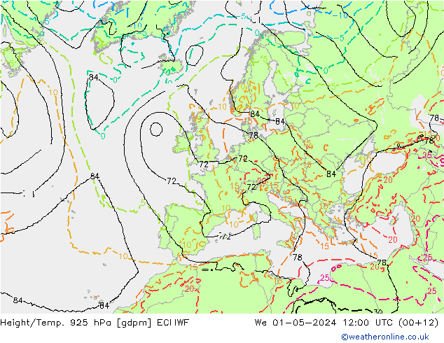 Hoogte/Temp. 925 hPa ECMWF wo 01.05.2024 12 UTC