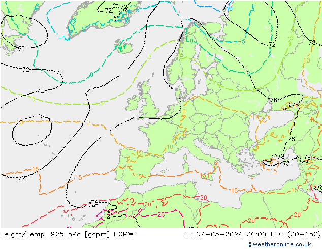 Hoogte/Temp. 925 hPa ECMWF di 07.05.2024 06 UTC