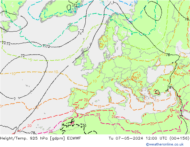 Height/Temp. 925 hPa ECMWF Tu 07.05.2024 12 UTC