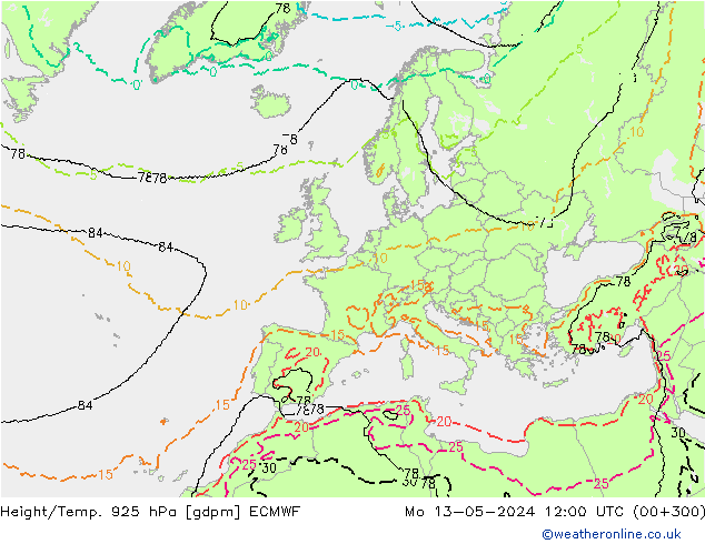 Height/Temp. 925 hPa ECMWF Mo 13.05.2024 12 UTC