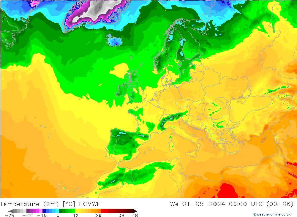 Temperaturkarte (2m) ECMWF Mi 01.05.2024 06 UTC