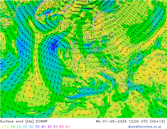 ветер 10 m ECMWF ср 01.05.2024 12 UTC