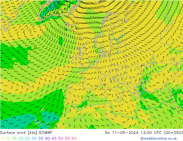 wiatr 10 m ECMWF so. 11.05.2024 12 UTC