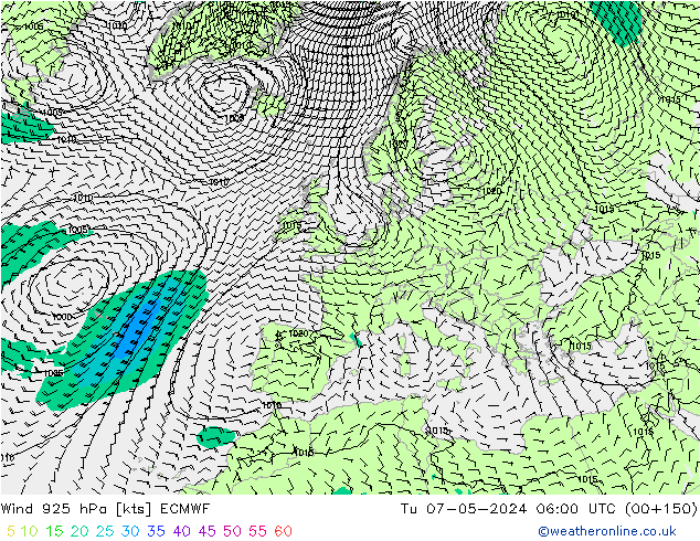 wiatr 925 hPa ECMWF wto. 07.05.2024 06 UTC