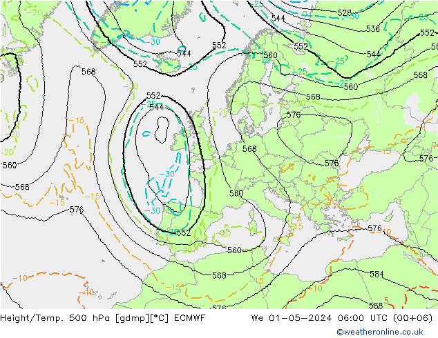 Hoogte/Temp. 500 hPa ECMWF wo 01.05.2024 06 UTC