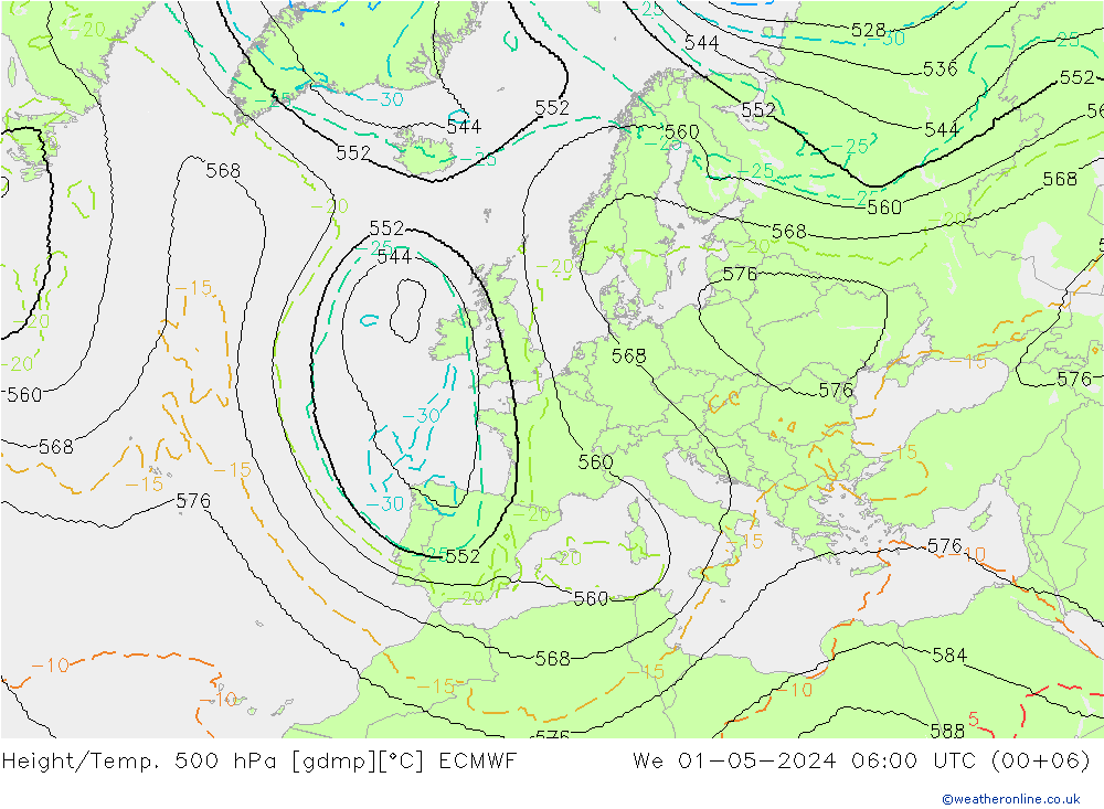 Height/Temp. 500 hPa ECMWF mer 01.05.2024 06 UTC