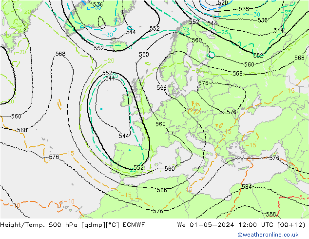 Hoogte/Temp. 500 hPa ECMWF wo 01.05.2024 12 UTC