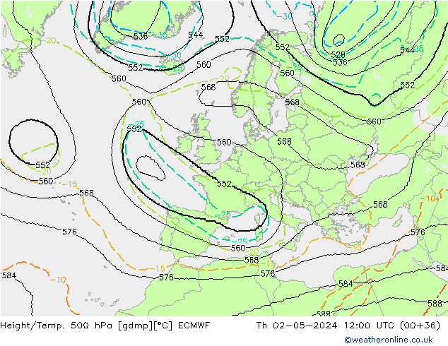 Height/Temp. 500 hPa ECMWF Do 02.05.2024 12 UTC