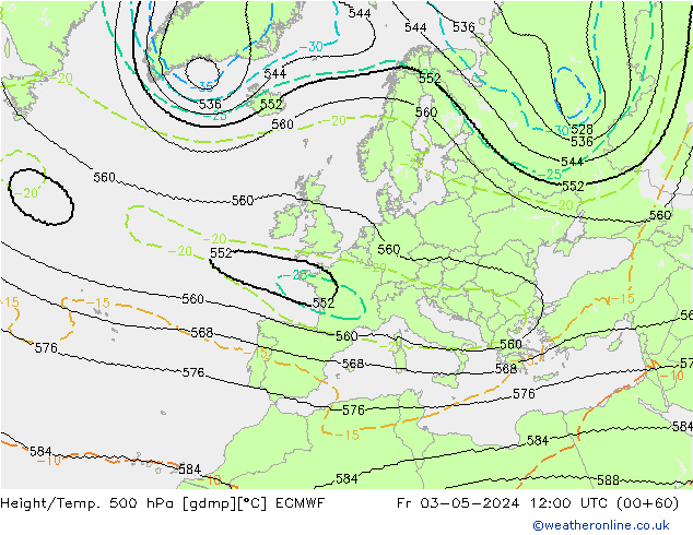 Height/Temp. 500 hPa ECMWF Pá 03.05.2024 12 UTC