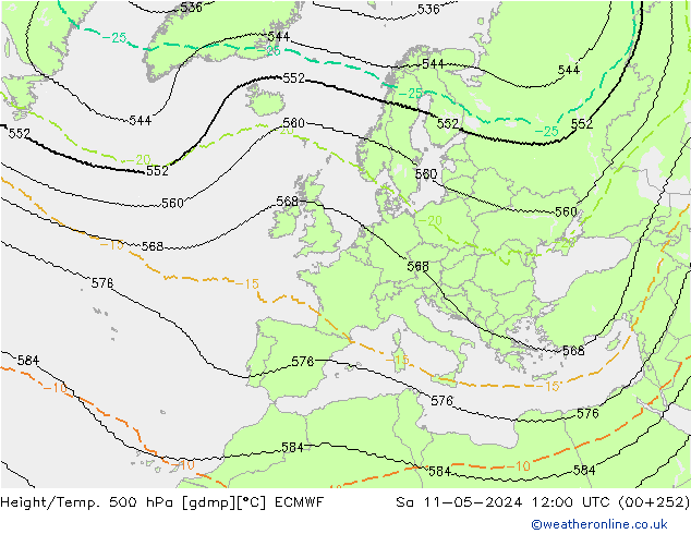 Height/Temp. 500 hPa ECMWF Sa 11.05.2024 12 UTC