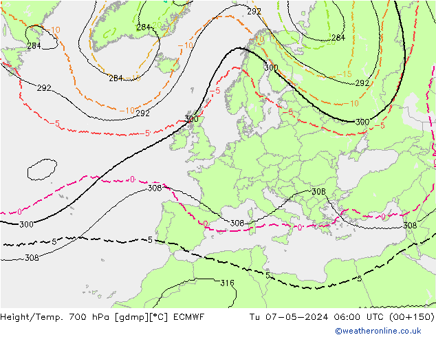 Height/Temp. 700 гПа ECMWF вт 07.05.2024 06 UTC