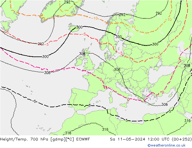 Height/Temp. 700 hPa ECMWF Sa 11.05.2024 12 UTC